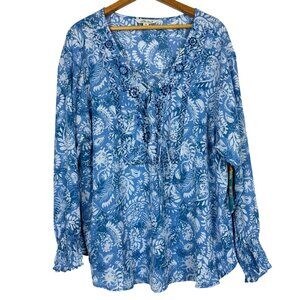 The Pioneer Woman XXL Paisley Lace Up Peasant Blouse Long Sleeve Blue White New